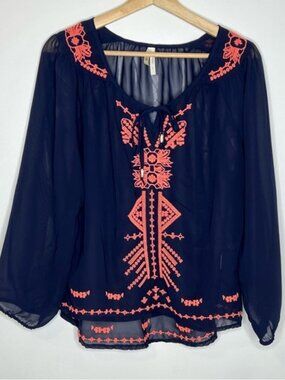 Truth NYC embroidered printed top embroidered peasant top L